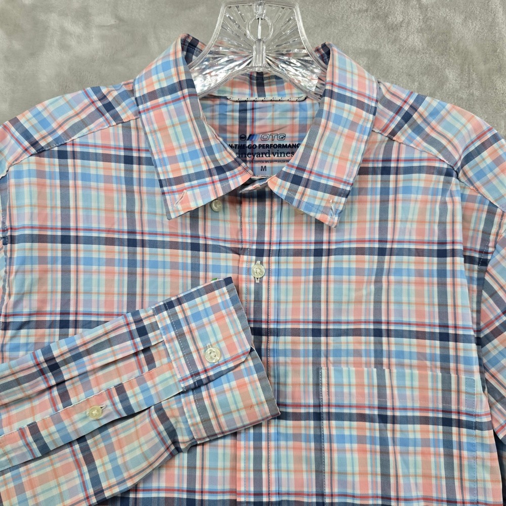 Vineyard Vines Button Down Mens Medium Pink Blue Plaid OTG Performance Shirt